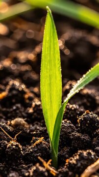 A young green sprout emerges from rich soil, glistening with morning dew. This symbol of new life represents growth, hope, and the start of something beautiful.
