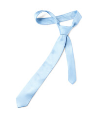 One stylish light blue tie isolated on white, top view