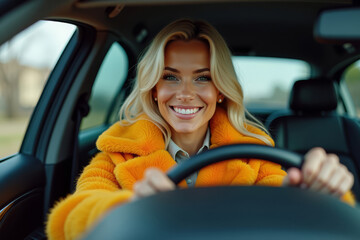 Confident blonde woman driving car. Stylish female driver portrait. Happy woman in luxury outfit. Independent woman lifestyle image. Modern female driver