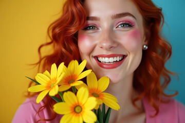 Joyful red haired woman with flowers. Creative woman portrait for Women Day. Artistic female with spring bouquet. Colorful woman celebrating March 8. Happy woman with makeup