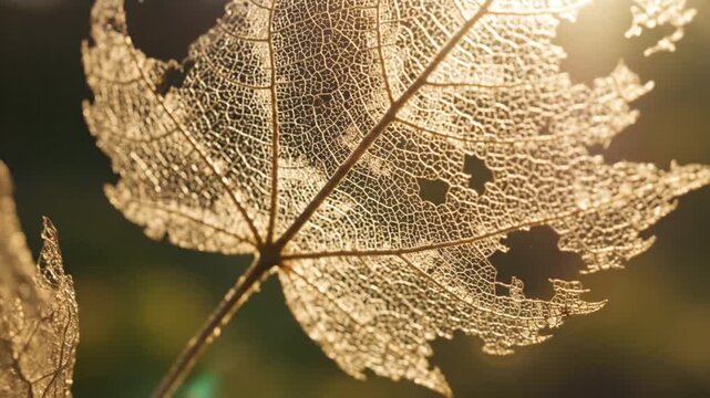 Delicate Leaf Skeleton in Golden Light A Macro View.