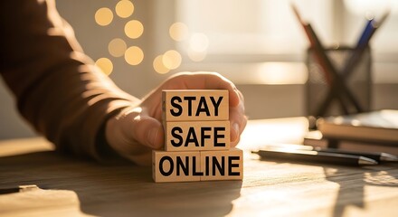 Hand holding wooden blocks spelling "STAY SAFE ONLINE" on a desk with office supplies