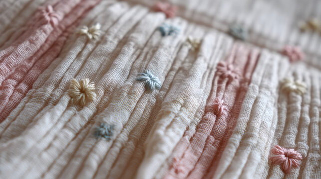 Macro closeup of handmade smock embroidery on peruvian pima cotton fabric with pastel threads