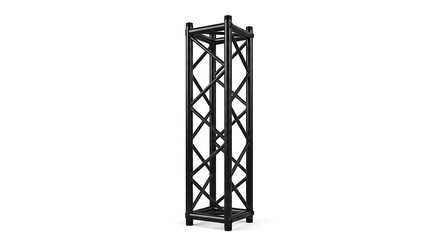 Isolated black metal truss tower with intersecting diagonal supports, centered on white