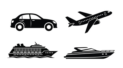 Transportation icons featuring a car plane ship and boat silhouette