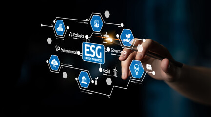 A close-up view of a hand interacting with a digital interface featuring ESG principles, emphasizing environmental, social, and governance aspects crucial for modern businesses. Tessel