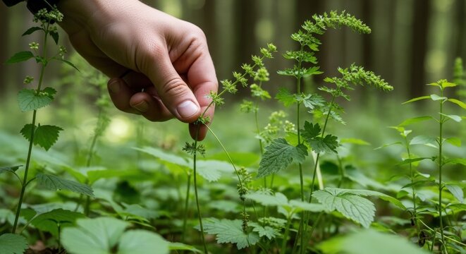Hand picking wild herbs in a forest