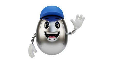 Metallic teardrop-shaped character with a baseball cap waves hello, smiling warmly