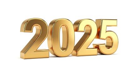 Shiny, golden 2025 numerals isolated on a crisp white background