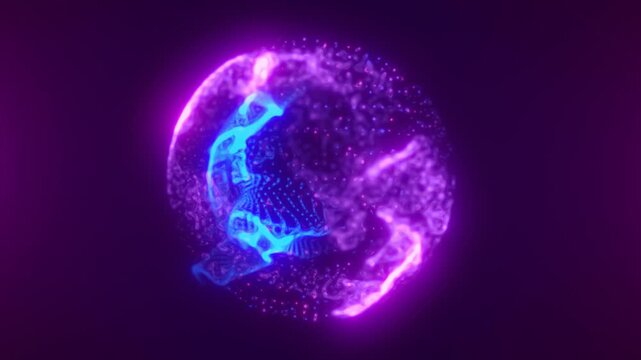 Abstract purple and blue plasma energy ring with glowing particles, representing atomic motion