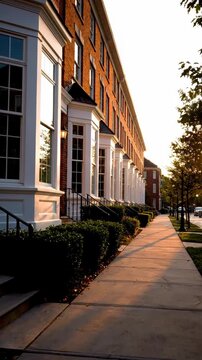 Row of townhouses bathed in warm sunset light. A sidewalk leads past manicured hedges and bay windows.