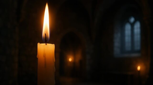 A single candle burns brightly in a dark, ancient hall. Its warm glow illuminates the mysterious and solemn atmosphere.
