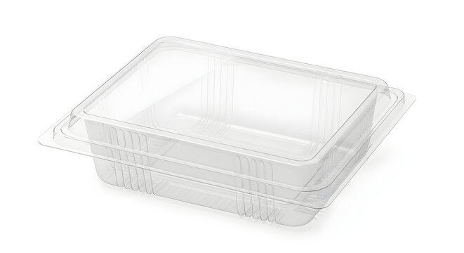 An isolated blank white rectangle plastic container for food storage and takeaway meal packaging, featuring a disposable polystyrene foam tray design for a clean empty square box presentation