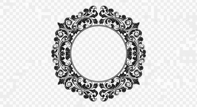Decorative Black Floral Round Frame Border with Transparent Background