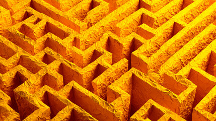 Bright yellow 3D maze illustration with crumpled paper texture. Complex labyrinth abstract challenges, business strategy, finding solutions, problem solving. Shows intricate paths for critical 