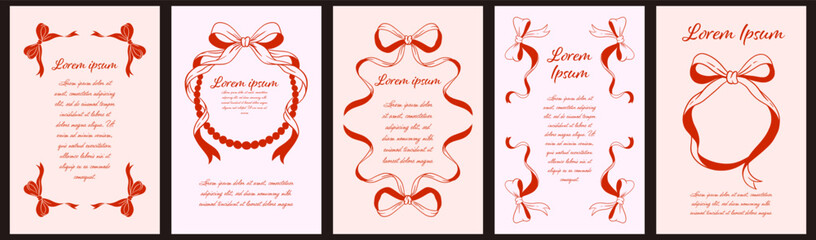 Fototapeta na wymiar Elegant Vintage Coquette Frames with Red Ribbons and Bows, Romantic Stationery Templates for Invitations, Wedding Cards, and Poetry, Hand-Drawn Red Ink Illustration Set.