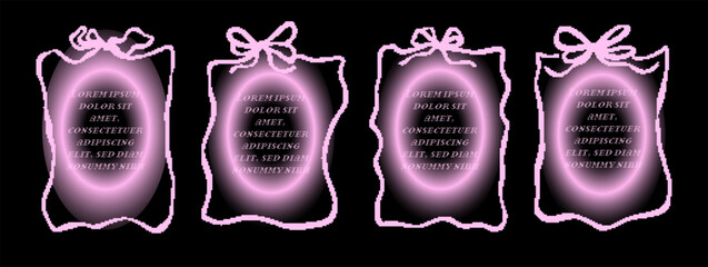 Neon Pink Glowing Bow Frames on Black Background, Y2K Aesthetic Cyber Coquette Ribbon Borders, Futuristic Night Party Templates, Vibrant Hand-Drawn Digital art
