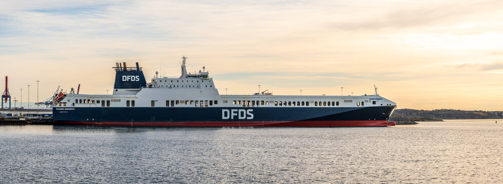 Gothenburg, Sweden - november 04 2024: DFDS Ficaria Seaways freight ferry loading at Skandiahamnen.