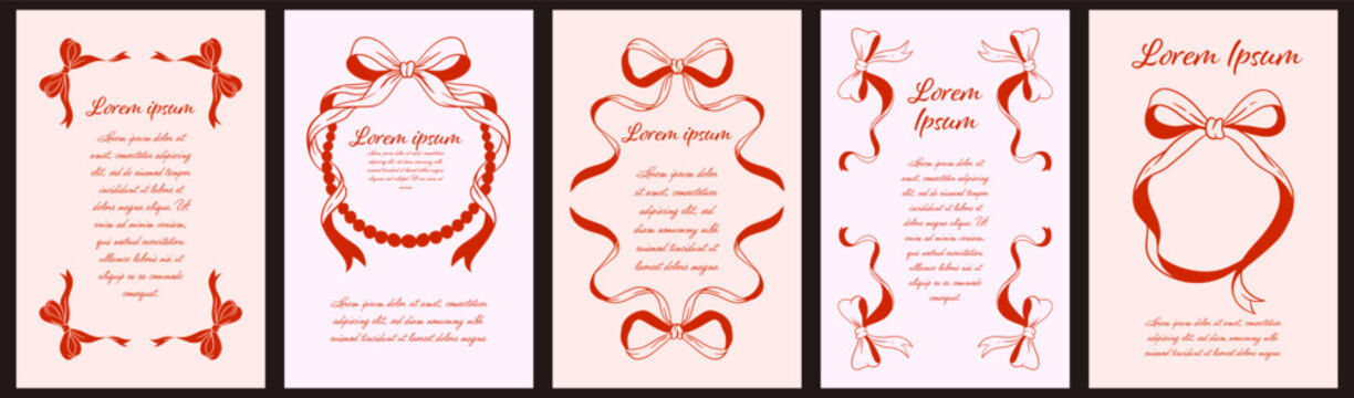 Elegant Vintage Coquette Frames with Red Ribbons and Bows, Romantic Stationery Templates for Invitations, Wedding Cards, and Poetry, Hand-Drawn Red Ink Illustration Set.