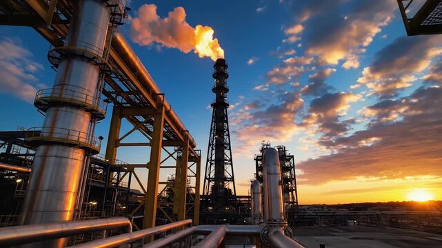 Oil Refinery with Flare Stack at Sunset, energy industry concept