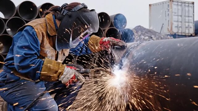 Welder Working on Industrial Pipeline, skilled labor concept