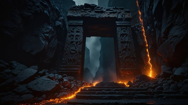 Runic Basalt Door Carved into Volcanic Wall with Flaming Lava Flow