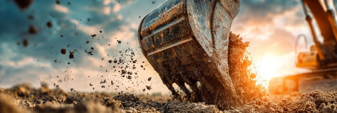 A large black shovel is digging into the dirt, leaving a cloud of dust in its wake.