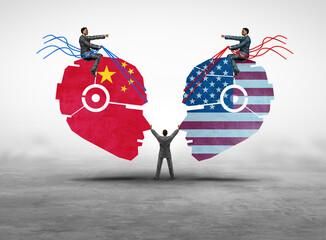 China US AI Competition as Chinese and American Artificial intelligence race as a technology fight to be the leader as Washington Robot tech or Beijing Robotic Automation competing for market leadersh