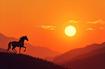 Horse Silhouette at Sunset Over Mountain Range