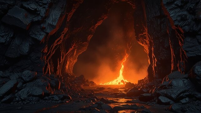 Infernal Obsidian Tunnel with Lava Fissures and Jagged Black Walls Fantasy Background