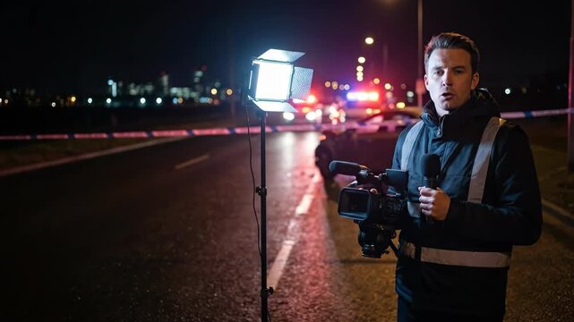 Male reporter filming news at crime scene at night. Man broadcasting live with camera and microphone near police lights