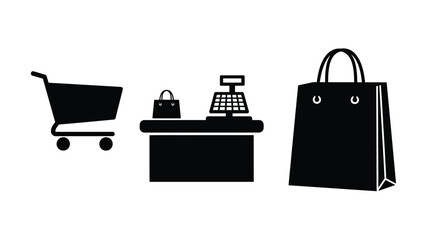 Shopping essentials cart cash register bag and purchase black silhouette