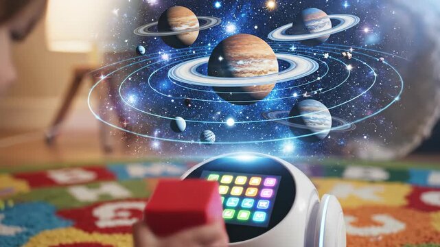 Child interacting with educational robot displaying solar system. Eye-level view of kid in playroom exploring space planets through interactive STEM toy for learning science concepts.