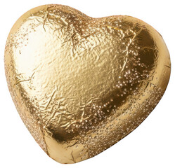 Valentine Golden chocolate heart wrapped in crinkled foil with glitter sprinkles isolated for Valentines day celebration