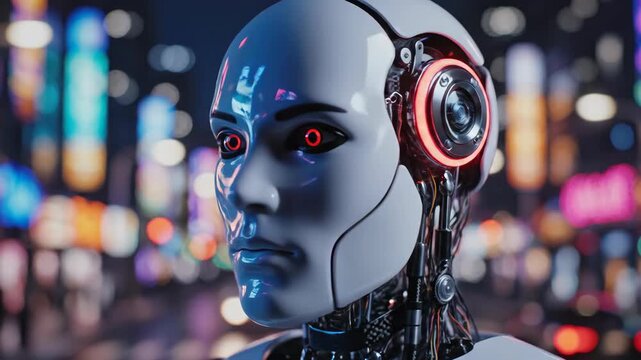 Cinematic extreme closeup of female android head in neon cyberpunk city night. Robot turns profile to front view with glowing red eyes activating. Futuristic sci-fi technology and artificial