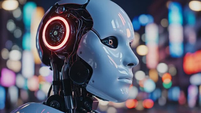 Female android in cinematic extreme close-up turning head in neon-lit cyberpunk city. Futuristic robot profile to front view sequence. Sci-fi artificial intelligence and technology concept.