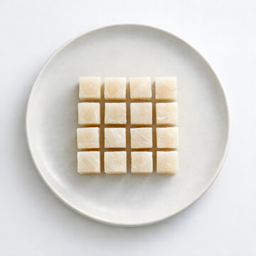 Top-down food photo of Icelandic fermented shark h&aacute;karl cubes arranged in a clean geometric pattern on a minimalist ceramic plate, soft natural light, cool Scandinavian tones, negative space.