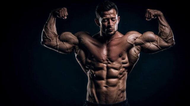 A strong, semi-naked man stands with his back to the camera and shows off his muscles in a dark room. The bodybuilder poses with his back to the camera, the shadow on his body shows every muscle.