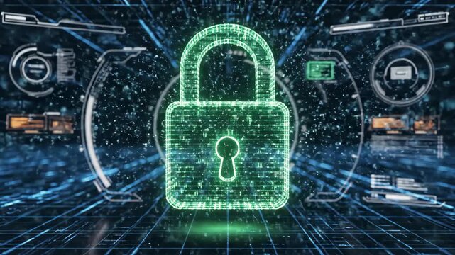 Abstract 3d animation of digital padlock unlocking in cyber environment. Transition from red locked state to green open access. Futuristic security visualization for data protection concept.
