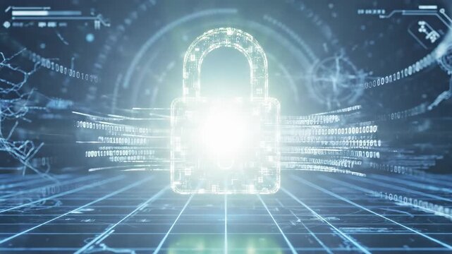 Abstract 3D animation of digital lock securing process. Open red icon transitions to glowing state then closes green in cybersecurity visualization
