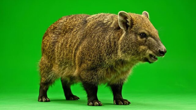 A wild boar piglet stands on a green screen background, showcasing its furry coat and snout.
