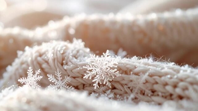 Delicate Snowflakes on Cozy Knitted Fabric Winter Warmth Background