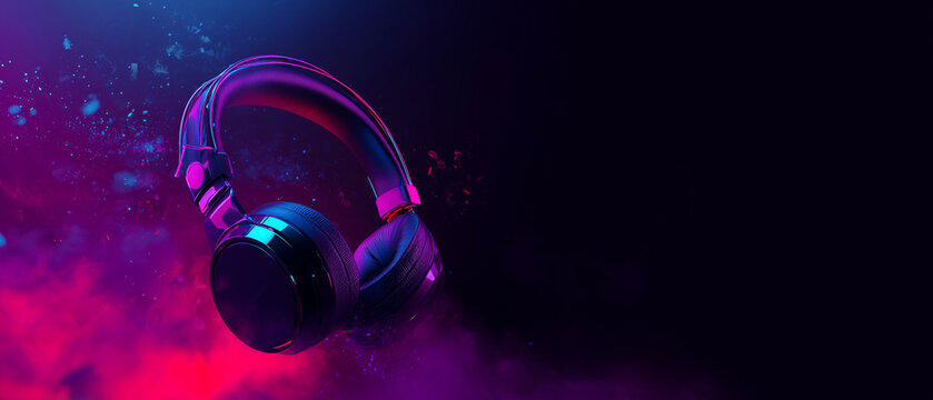 over-ear headphones on a dark studio background with vibrant neon glow and floating particles, headphones placed on the left third
