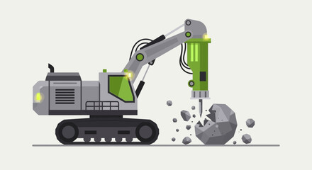 Heavy Duty Excavator With Hydraulic Breaker Demolishing Rock In Flat Vector Style Illustration For