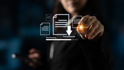 Visual representation of digital document downloading, showing file transfer, data access, and...