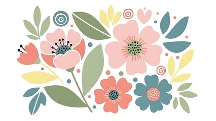 Fototapeta premium A colorful floral illustration featuring pink and blue flowers with green leaves on a white background