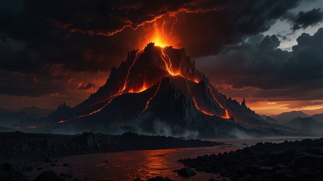 Black Obsidian Fortress with Lava Moats and Flaming Volcanic Peaks