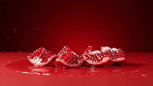 Cinematic pomegranate splash featuring juicy red arils and dynamic fluid ripples.