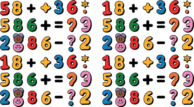 A colorful illustration of cartoon numbers and math problems on a white background