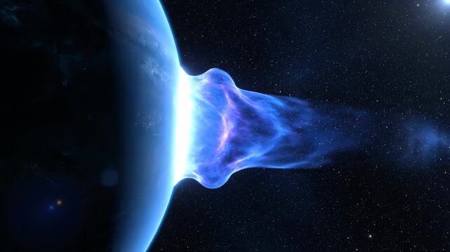 A glowing blue nebula erupts from a planet's surface. This cosmic phenomenon illuminates the surrounding starry expanse.